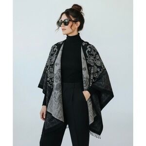 Modena Women Black Grey Paisley Print Fringe‎ Kimono Cardigan One Size
